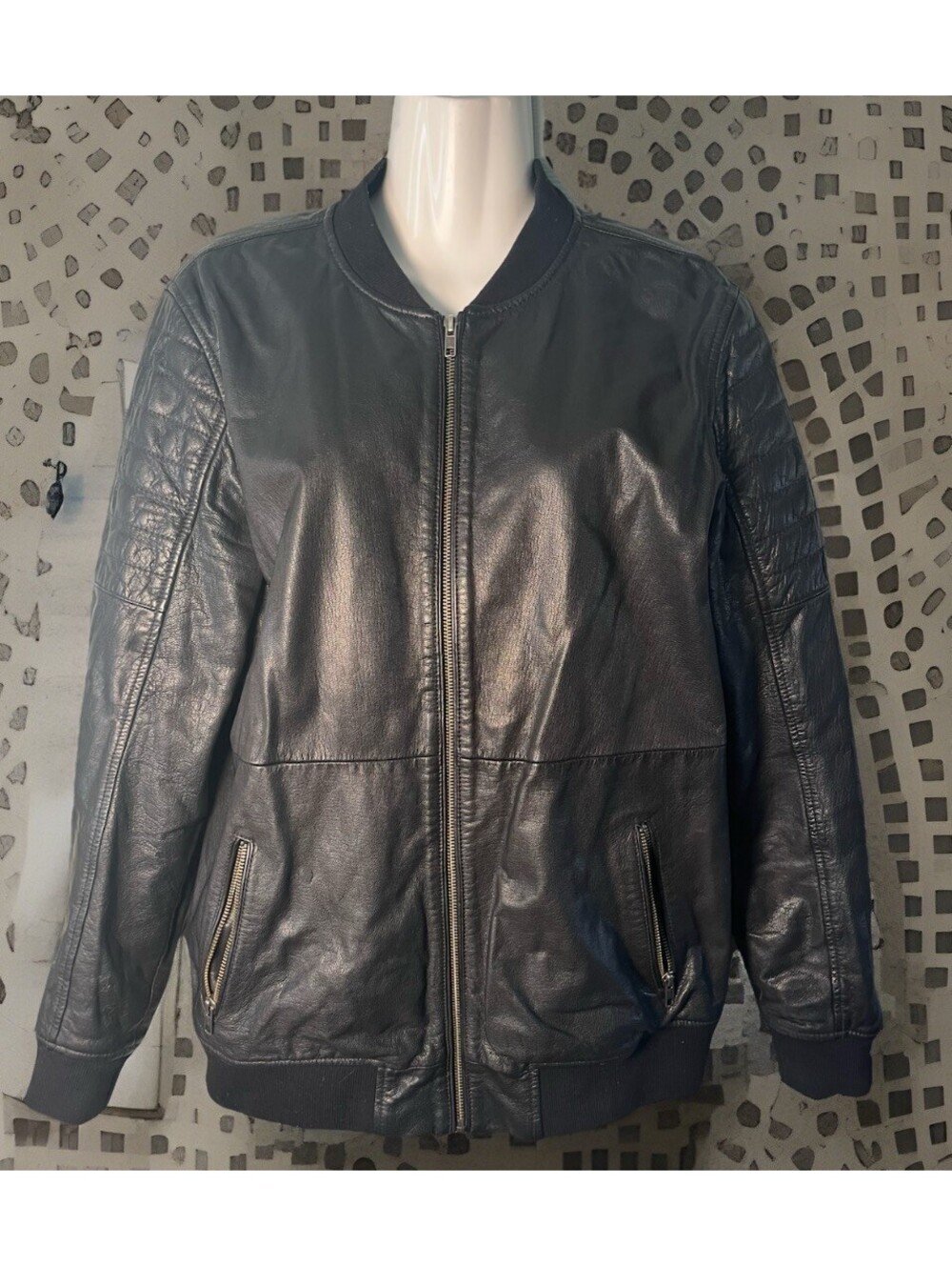 Treasure & Bond 100% Leather Bomber Moto Jacket Black W XXL Stitch Arm Detail